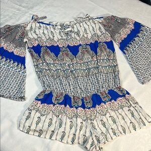 Women's Blue and White Patterned Romper